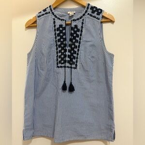 J. Crew Blue and White Embroidered Sleeveless Blouse